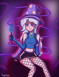 Size: 1275x1650 | Tagged: safe, artist:jinglebelle, derpibooru import, trixie, human, clothes, evening gloves, fishnet stockings, gloves, humanized, lidded eyes, long gloves, looking at you, magic wand, midriff, miniskirt, skirt, smiling