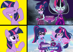 Size: 1784x1284 | Tagged: safe, derpibooru import, midnight sparkle, sci-twi, twilight sparkle, twilight sparkle (alicorn), alicorn, better together, equestria girls, father knows beast, forgotten friendship, friendship games, school daze, clothes, covering eyes, eyes closed, glasses, lightning, meme, open mouth, ponied up, raised hoof, raised leg