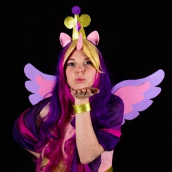 Size: 1080x1080 | Tagged: safe, derpibooru import, princess cadance, human, blowing a kiss, clothes, cosplay, costume, irl, irl human, photo