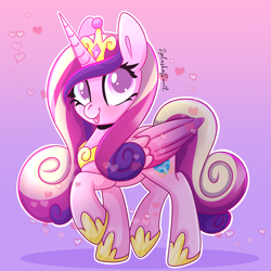 Size: 2000x2000 | Tagged: safe, artist:splashofsweet, derpibooru import, princess cadance, alicorn, pony, :p, colored pupils, crown, cute, cutedance, female, gradient background, happy, heart, high res, hoof shoes, jewelry, looking at you, mare, raised hoof, raised leg, regalia, smiling, smiling at you, solo, tongue, tongue out, white outline