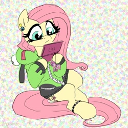 Size: 2048x2048 | Tagged: safe, artist:pfeffaroo, derpibooru import, fluttershy, pinkie pie, pegasus, pony, abstract background, anklet, antonymph, clothes, ear piercing, fluttgirshy, gir, hoodie, hoof hold, invader zim, jewelry, keychain, nintendo ds, piercing, solo