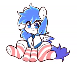 Size: 1809x1496 | Tagged: safe, artist:yilo, derpibooru import, oc, oc only, oc:canicula, pegasus, pony, :3, blushing, clothes, socks, solo, spread wings, striped socks, wings