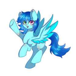 Size: 1280x1280 | Tagged: safe, derpibooru import, oc, oc only, oc:cloud west, pegasus, pony, colored pupils, female, flying, heterochromia, looking at you, mare, open mouth, open smile, pegasus oc, simple background, smiling, smiling at you, solo, spread wings, white background, wings