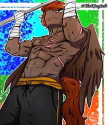 Size: 1500x1745 | Tagged: safe, artist:theking_salt, derpibooru import, oc, anthro, pegasus, abs, beard, chest fluff, clothes, commission, facial hair, gritted teeth, male, male nipples, muscles, nipples, nudity, partial nudity, pegasus oc, pullup, scar, sexy, strong, topless, wings, workout, ych result, your character here