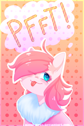 Size: 800x1200 | Tagged: safe, artist:gnidagovnida, derpibooru import, oc, oc only, oc:fluffle puff, pony, ;p, alternate design, neck fluff, one eye closed, onomatopoeia, raspberry, raspberry noise, solo, tongue, tongue out