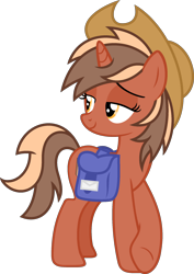 Size: 1555x2193 | Tagged: safe, artist:pegasski, derpibooru import, oc, oc:softbox, pony, unicorn, bag, female, hat, mare, saddle bag, simple background, solo, transparent background