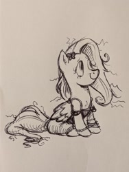 Size: 1536x2048 | Tagged: safe, artist:mellodillo, derpibooru import, fluttershy, pegasus, pony, clothes, cute, daaaaaaaaaaaw, dress, grayscale, messy mane, monochrome, pencil drawing, shyabetes, sitting, smiling, solo, traditional art