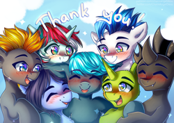 Size: 4961x3508 | Tagged: safe, artist:chaosangeldesu, derpibooru import, oc, oc:blaze (shadowbolt), oc:captain black lotus, oc:guttatus, oc:helmie, oc:klara, oc:whirlwind flux, bat pony, changeling, earth pony, pegasus, pony, unicorn, bat pony oc, blushing, friendship, happy