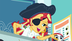 Size: 1280x720 | Tagged: safe, derpibooru import, edit, edited screencap, editor:machiavellian mythos, screencap, sunset shimmer, better together, equestria girls, x marks the spot, clothes swap, daruma, ear piercing, earring, eyepatch, female, food truck, hat, jewelry, lidded eyes, open mouth, piercing, pirate, pirate hat, pointing, smiling, sunset sushi