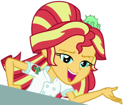 Size: 840x720 | Tagged: safe, artist:sketchmcreations, derpibooru import, sunset shimmer, better together, equestria girls, x marks the spot, alternate hairstyle, clothes swap, female, open mouth, simple background, smiling, sunset sushi, transparent background, vector