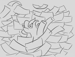 Size: 500x382 | Tagged: safe, artist:jargon scott, derpibooru import, earth pony, pony, beret, grayscale, hat, monochrome, paper, screaming, solo