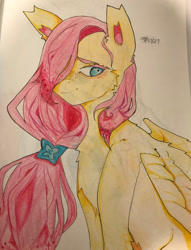 Size: 1024x1338 | Tagged: safe, artist:pixelatedsorrows, derpibooru import, fluttershy, pegasus, pony, alternate hairstyle, cute, daaaaaaaaaaaw, female, hair over one eye, mare, shyabetes, solo, traditional art