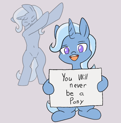 Size: 1000x1016 | Tagged: safe, artist:happy harvey, derpibooru import, trixie, pony, unicorn, anti-bronybait, bipedal, colored pupils, dab, drawn on phone, female, holding a sign, looking at you, mare, reality sucks, sign, sitting, smiling