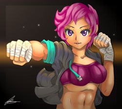 Size: 2048x1836 | Tagged: safe, artist:jennobasilicum, derpibooru import, scootaloo, equestria girls, abs, bandage, belly button, clothes, female, hoodie, older, older scootaloo, punch, solo, sports bra, tape, wrist tape