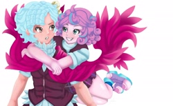 Size: 2048x1260 | Tagged: safe, artist:jennobasilicum, derpibooru import, cozy glow, princess flurry heart, human, equestria girls, blushing, cape, clothes, cozyheart, crystal prep academy uniform, equestria girls-ified, female, freckles, hug, human coloration, humanized, lesbian, older, school uniform, shipping, shirt, shoes, simple background, skirt, sneakers, socks, vest, white background