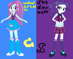 Size: 714x574 | Tagged: safe, artist:pizzasister, artist:selenaede, derpibooru import, rarity, sunny flare, equestria girls, friendship games, alternate universe, clothes, clothes swap, crystal prep academy uniform, school uniform, shadowbolts, simple background, wondercolts