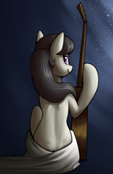 Size: 3300x5100 | Tagged: safe, artist:supermoix, derpibooru import, octavia melody, earth pony, pony, background pony, bow (instrument), cute, female, looking at you, looking back, looking back at you, looking over shoulder, mare, rear view, sexy, simple background, sitting, smiling, smiling at you, solo