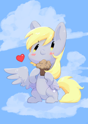 Size: 2894x4093 | Tagged: safe, artist:bubbletea, derpibooru import, derpy hooves, pegasus, pony, anime style, background pony, best pony, chibi, cloud, cute, derp, food, heart, illustration, love, muffin, sky, solo