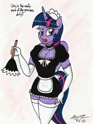 Size: 1763x2359 | Tagged: safe, artist:newyorkx3, derpibooru import, twilight sparkle, anthro, unicorn, breasts, choker, cleavage, clothes, dialogue, duster, evening gloves, female, garter straps, garters, gloves, headlight sparkle, long gloves, maid, maid headdress, maidlight sparkle, mare, open mouth, socks, solo, stockings, thigh highs, traditional art, zettai ryouiki