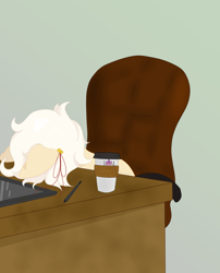 Size: 1700x2100 | Tagged: safe, artist:inanimatelotus, derpibooru import, oc, oc:clay, pony, chair, coffee, coffee cup, colored lineart, computer chair, cup, desk, drawing tablet, exhausted, facedesk, gift art, green background, pastel, ribbon, simple background, solo