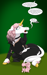 Size: 1250x2000 | Tagged: safe, artist:runningtoaster, derpibooru import, oc, classical unicorn, pony, unicorn, choker, clothes, cloven hooves, dialogue, female, gradient background, horn, human to pony, leonine tail, looking up, mid-transformation, neigh, offscreen character, open mouth, ripping clothes, shrunken pupils, sitting, solo, species swap, speech bubble, speech change, teary eyes, transformation, unicorn oc, unshorn fetlocks