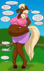 Size: 1250x2000 | Tagged: safe, artist:runningtoaster, derpibooru import, oc, oc only, anthro, earth pony, unguligrade anthro, annoyed, big breasts, breasts, bridle, clothes, dialogue, earth pony oc, female, horse noises, human to anthro, neigh, offscreen character, outdoors, pregnant, shorts, snorting, species swap, speech change, tack, thought bubble, transformation