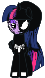 Size: 3098x5338 | Tagged: safe, artist:severity-gray, derpibooru import, twilight sparkle, twilight sparkle (alicorn), alicorn, pony, alternate hairstyle, eyeshadow, female, looking at you, makeup, mare, ponytail, sharp teeth, simple background, smiling, smiling at you, solo, symbiote, teeth, transparent background, venom