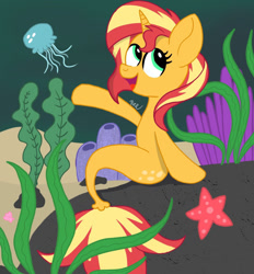 Size: 1280x1379 | Tagged: safe, artist:doct0rnop3, derpibooru import, sunset shimmer, jellyfish, pony, seapony (g4), unicorn, coral, dorsal fin, female, fish tail, flowing tail, green eyes, horn, ocean, open mouth, open smile, rock, seaponified, seapony sunset, seaweed, signature, sitting, smiling, solo, species swap, starfish, tail, underwater, water