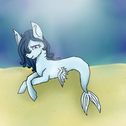 Size: 512x512 | Tagged: safe, artist:faith-is-cheesy, derpibooru import, oc, oc only, earth pony, merpony, pony, seapony (g4), blue mane, crepuscular rays, female, fins, fish tail, lying down, ocean, purple eyes, request, smiling, solo, sunlight, tail, underwater, water