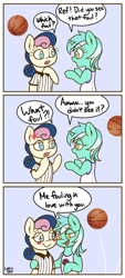 Size: 1231x2730 | Tagged: safe, artist:lyrabop, derpibooru import, bon bon, lyra heartstrings, sweetie drops, earth pony, pony, unicorn, angry, bad joke, basketball, blushing, clothes, comic, dialogue, eyebrows, eyebrows visible through hair, female, frown, jersey, lesbian, looking at each other, lyrabon, mare, open mouth, open smile, pun, referee, shipping, smiling, smiling at each other, speech bubble, sports, toronto raptors