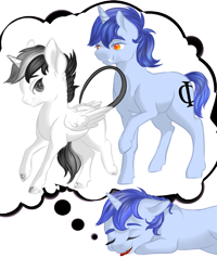 Size: 1000x1250 | Tagged: safe, artist:schokocream, derpibooru import, oc, oc:aeon of dreams, oc:thunder blight, alicorn, pony, unicorn, alicorn oc, dream, eyes closed, horn, raised hoof, raised leg, sleeping, unicorn oc, wings