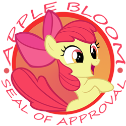 Size: 500x499 | Tagged: safe, artist:mac-smith, derpibooru import, apple bloom, earth pony, pony, apple bloom's bow, bipedal, bow, female, filly, hair bow, open mouth, seal of approval, simple background, solo, transparent background