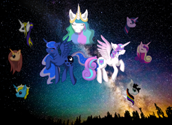 Size: 1024x745 | Tagged: safe, artist:schokocream, derpibooru import, princess cadance, princess celestia, princess flurry heart, princess luna, twilight sparkle, twilight sparkle (alicorn), oc, alicorn, pony, bust, eyes closed, female, mare, night, older, older flurry heart, raised hoof, raised leg, stars