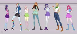 Size: 12000x5300 | Tagged: safe, artist:bidzinha, derpibooru import, applejack, fluttershy, pinkie pie, rainbow dash, rarity, sci-twi, sunset shimmer, twilight sparkle, equestria girls, alternate clothes, blushing, boob window, boots, bracelet, clothes, converse, cowboy boots, cutie mark, cutie mark on clothes, fingerless gloves, geode of empathy, geode of fauna, geode of shielding, geode of super strength, glasses, gloves, high heels, humane five, humane seven, humane six, jacket, jeans, jewelry, leather jacket, magical geodes, nail polish, necklace, open-toed shoes, pants, rainbow socks, redesign, sandals, shoes, shorts, simple background, skirt, socks, striped socks, suspenders, sweater, toes, torn clothes, wristband