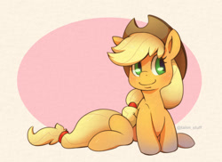 Size: 1200x873 | Tagged: safe, artist:talim_stuff, derpibooru import, applejack, earth pony, pony, smiling, solo