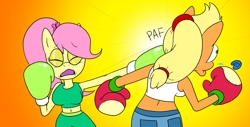 Size: 1920x976 | Tagged: safe, artist:strangefacts101, derpibooru import, applejack, fluttershy, anthro, earth pony, pegasus, alternate hairstyle, boxing, boxing gloves, boxing ring, boxing shorts, clothes, comic, denim shorts, eyes closed, haymaker, mouth guard, punch, shorts, sparring, sports, tanktop, trunks