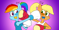 Size: 1920x976 | Tagged: safe, artist:strangefacts101, derpibooru import, applejack, rainbow dash, anthro, earth pony, pegasus, alternate hairstyle, boxing, boxing gloves, boxing ring, clothes, fight, mouth guard, punch, sparring, sports, tanktop