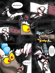 Size: 768x1024 | Tagged: safe, artist:diamond06mlp, derpibooru import, discord, oc, draconequus, comic:entropy, black sclera, comic, dialogue, draconequus oc, male, red eyes, sombra eyes