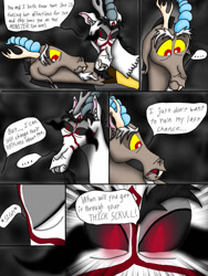 Size: 768x1024 | Tagged: safe, artist:diamond06mlp, derpibooru import, discord, oc, draconequus, comic:entropy, black sclera, comic, dialogue, draconequus oc, glowing eyes, male, red eyes, sombra eyes