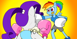 Size: 1920x976 | Tagged: safe, artist:strangefacts101, derpibooru import, rainbow dash, rarity, anthro, pegasus, unicorn, alternate hairstyle, boxing, boxing gloves, boxing ring, boxing shorts, clothes, fight, mouth guard, punch, shoes, shorts, sparring, sports, tanktop, trunks, wings