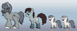 Size: 2250x900 | Tagged: safe, artist:anonymous, oc, oc only, oc:bright snow, oc:firn gully, oc:shiny snow, oc:snowplow, pony, /mlp/, beard, chest fluff, coat markings, family, father and child, father and daughter, female, filly, fluffy, gradient background, hair over eyes, identical twins, male, mare, mother and child, mother and daughter, parent and child, pregnant, siblings, sisters, snowpony (species), socks (coat marking), stallion, taiga pony, twin sisters, twins, unshorn fetlocks