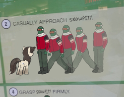 Size: 1080x848 | Tagged: safe, artist:anonymous, oc, oc only, oc:anon, oc:frosty flakes, human, pony, /mlp/, casually approach, coat markings, looking at each other, meme, ponified, ponified meme, snowpity, snowpony (species), socks (coat marking), taiga pony, yakutian horse