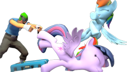 Size: 666x375 | Tagged: artist needed, safe, alternate version, rainbow dash, twilight sparkle, twilight sparkle (alicorn), alicorn, pegasus, pony, 3d, clothes, eyes closed, female, goggles, intel, laughing, mare, open mouth, pants, scout, shirt, simple background, source filmmaker, team fortress 2, transparent background