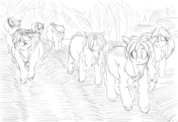 Size: 2708x1864 | Tagged: safe, artist:snspony, oc, oc only, pony, /mlp/, black and white, excessive fluff, fluffy, forest, grayscale, looking at you, monochrome, pregnant, road, sketch, snowpony (species), taiga pony, yakutian horse