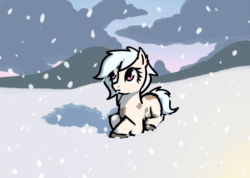 Size: 973x694 | Tagged: safe, artist:neuro, oc, oc only, oc:puffins, pony, animated, blinking, butt fluff, c:, chest fluff, cute, ear fluff, ears, eye shimmer, eyes closed, female, fluffy, gif, looking at you, lying down, mare, ocbetes, piebald, prone, smiling, smiling at you, snow, snowfall, snowpony (species), solo, taiga pony, unshorn fetlocks, yakutian horse