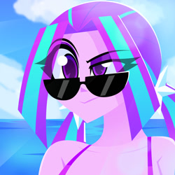 Size: 1000x1000 | Tagged: safe, artist:xan-gelx, derpibooru import, aria blaze, equestria girls, beach, bikini, bust, clothes, eyeshadow, makeup, pigtails, raised eyebrow, solo, sunglasses, swimsuit, twintails