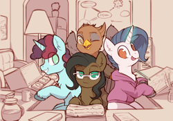 Size: 5098x3569 | Tagged: safe, artist:yoditax, derpibooru import, oc, oc only, oc:errorstream, oc:gunther steele, oc:silk wright, oc:yodi, earth pony, griffon, mouse, pony, unicorn, binary typewriter, book, coffee, coffee mug, cute, desk, drawing, female, filing cabinet, glasses, griffon oc, group, heart song games, lamp, looking at you, male, mug, painting, paper, pencil, programming, refrigerator, sitting, tongue, tongue out, whiteboard, working, writing
