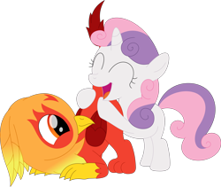 Size: 3562x3001 | Tagged: safe, artist:porygon2z, derpibooru import, sweetie belle, oc, oc:heatwave, griffon, pony, unicorn, duo, eyes closed, female, filly, male, open mouth, simple background, transparent background, vector