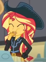 Size: 283x379 | Tagged: safe, derpibooru import, screencap, sunset shimmer, dance magic, equestria girls, spoiler:eqg specials, aweeg*, clothes, cropped, cute, eating, feminism, shimmerbetes, shirt, skirt, stetson, sunsass shimmer