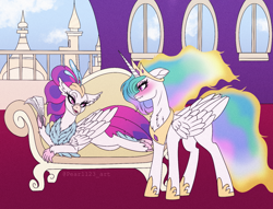 Size: 1458x1115 | Tagged: safe, artist:pearl123_art, derpibooru import, princess celestia, queen novo, alicorn, hippogriff, pony, fanfic:the lost element, my little pony: the movie, blushing, castle, celestia is not amused, cloud, dreamworks face, embarrassed, fanfic art, female, fiery mane, frown, jewelry, journal, looking at each other, mare, not daybreaker, open mouth, open smile, paper, regalia, smiling, sofa, teasing, unamused